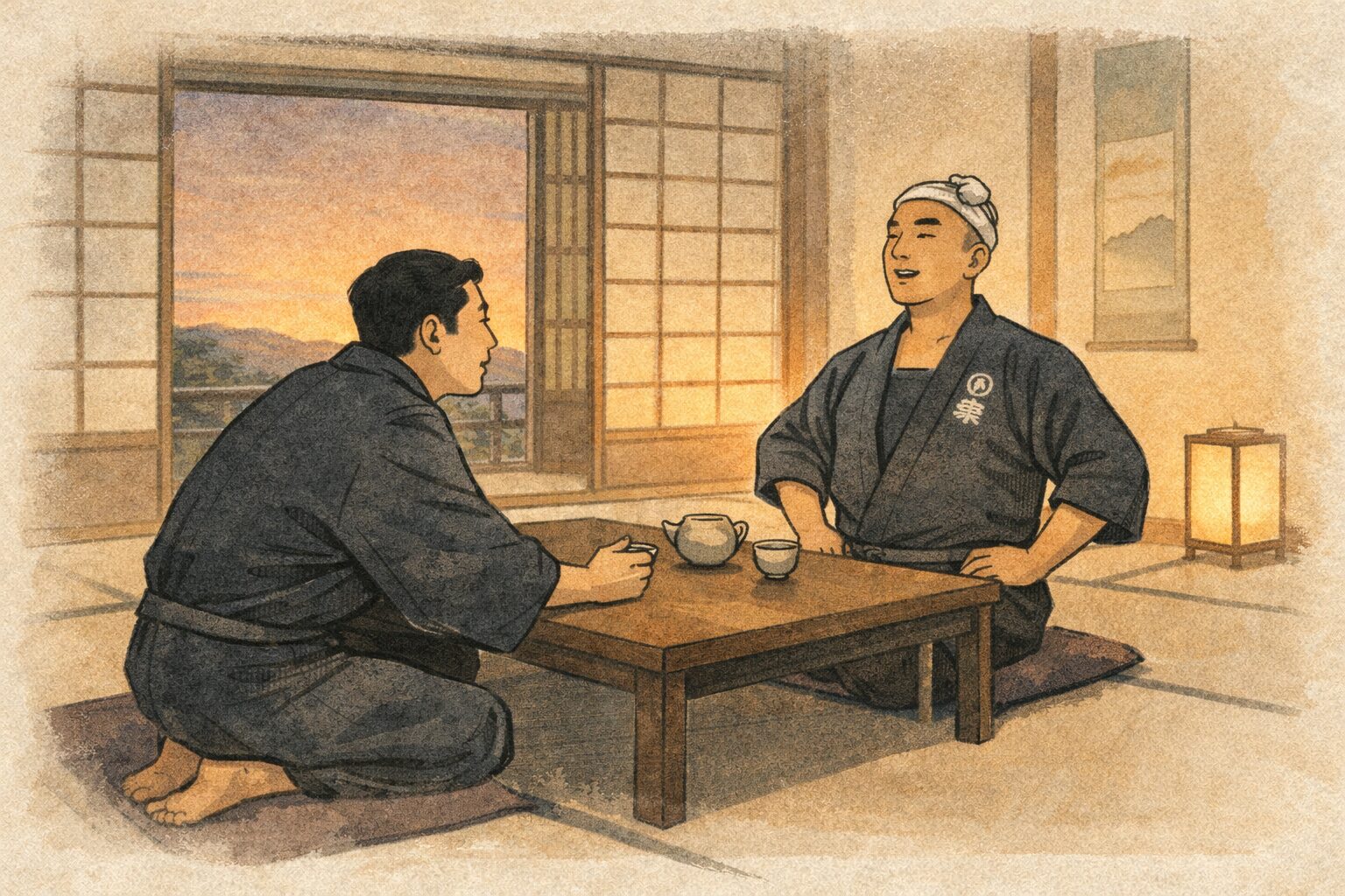 夕方の商家の座敷で旦那が身を乗り出し威勢のいい鳶頭に頼みごとをする一場面