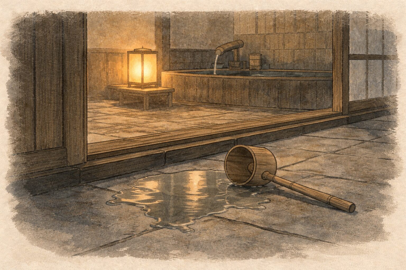 夜の風呂場の外に倒れた柄杓とこぼれた水だけが残る静かな一場面