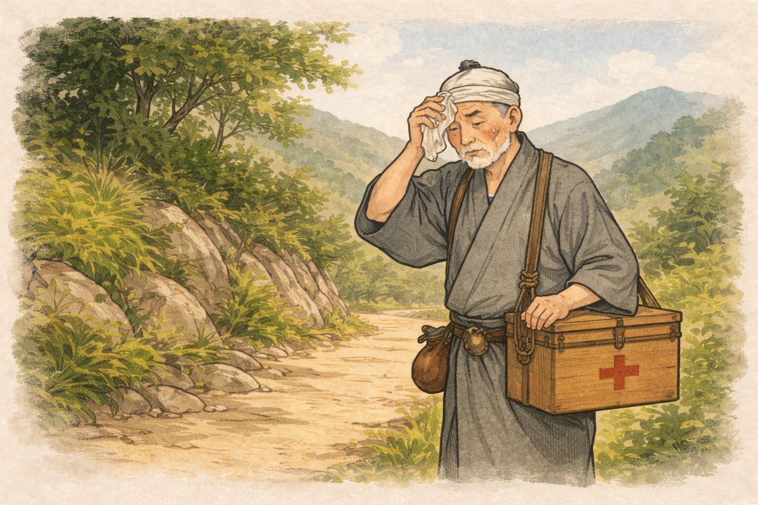昼の山道で薬箱を抱えた医者が立ち止まり汗をぬぐう一場面