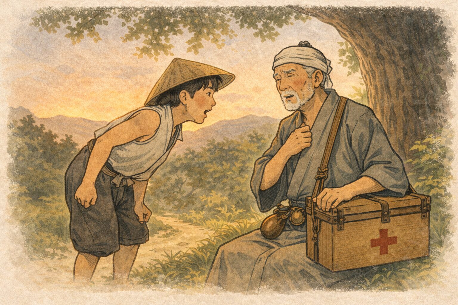 夕方の大きな木陰で百姓の息子が医者の顔をのぞき込み出発を急かす一場面