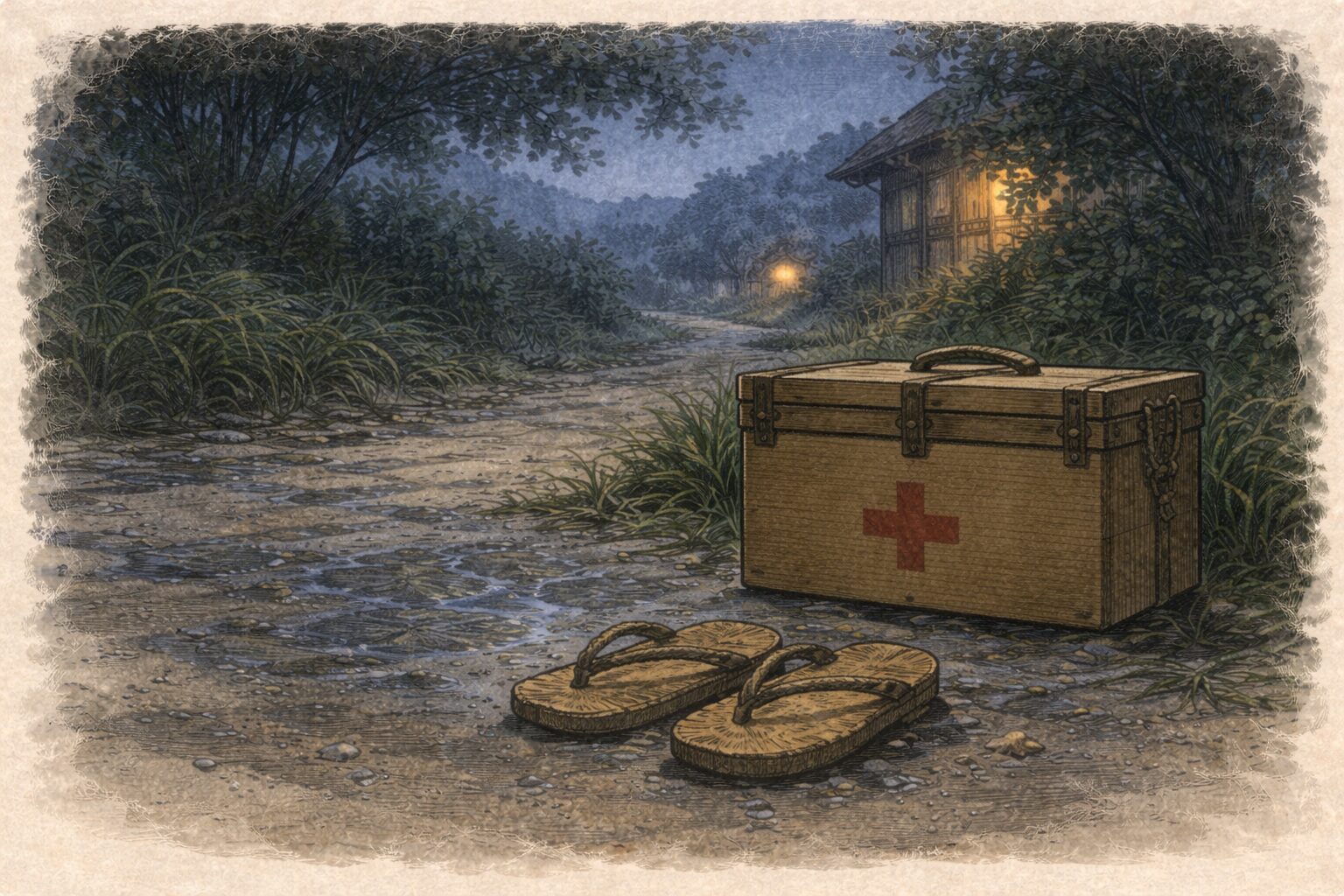 夜の村はずれに薬箱とぬれた草履だけが置かれた一場面