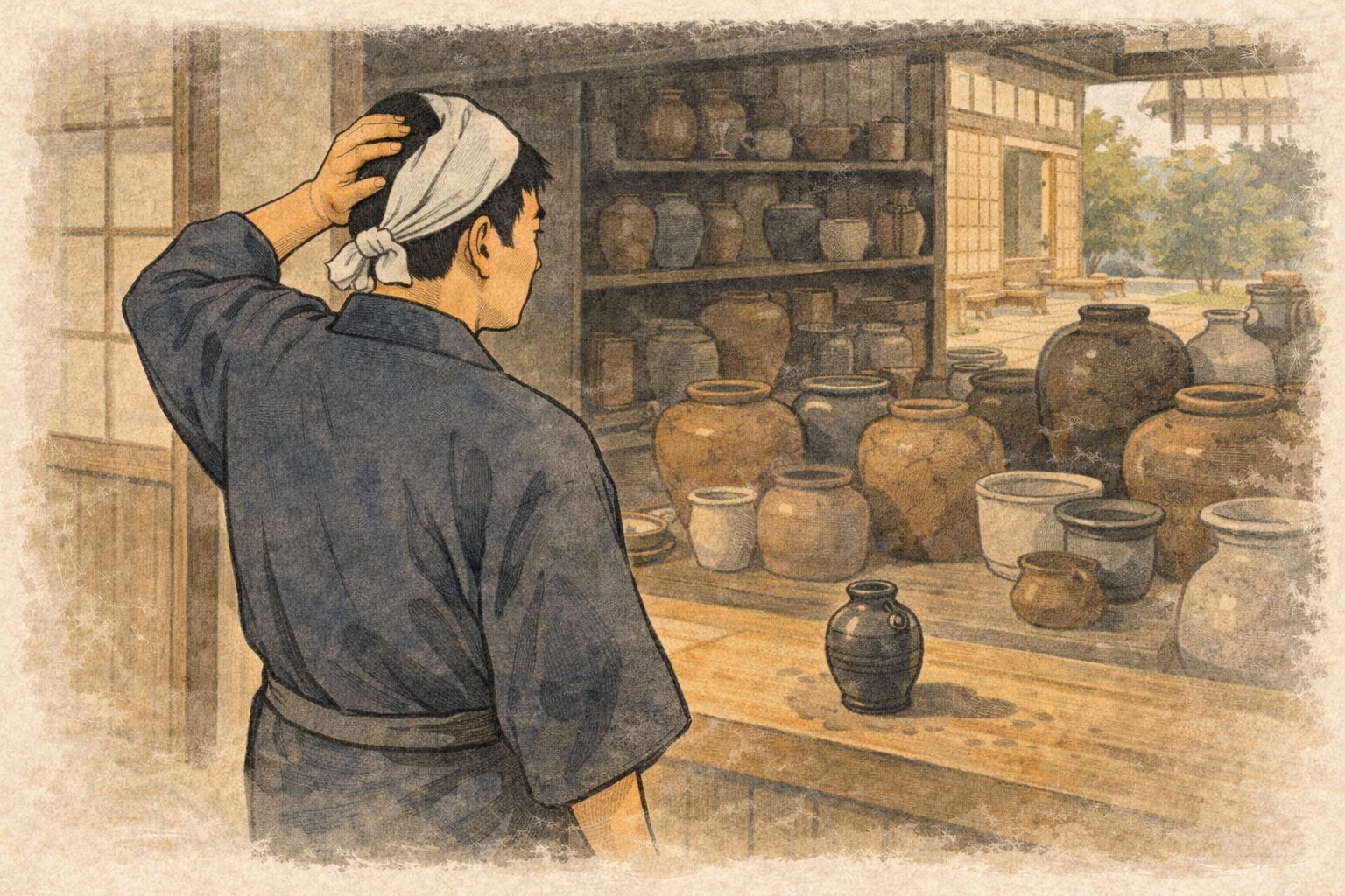 昼の瀬戸物屋の店先で男が小さな水壺を前に首をかしげる一場面