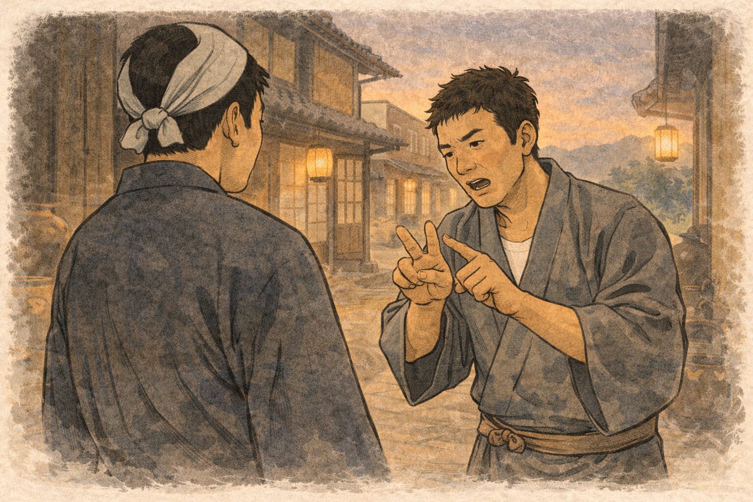 夕方の町角で兄貴分が指を折りながら連れの男に勘定を言い聞かせる一場面