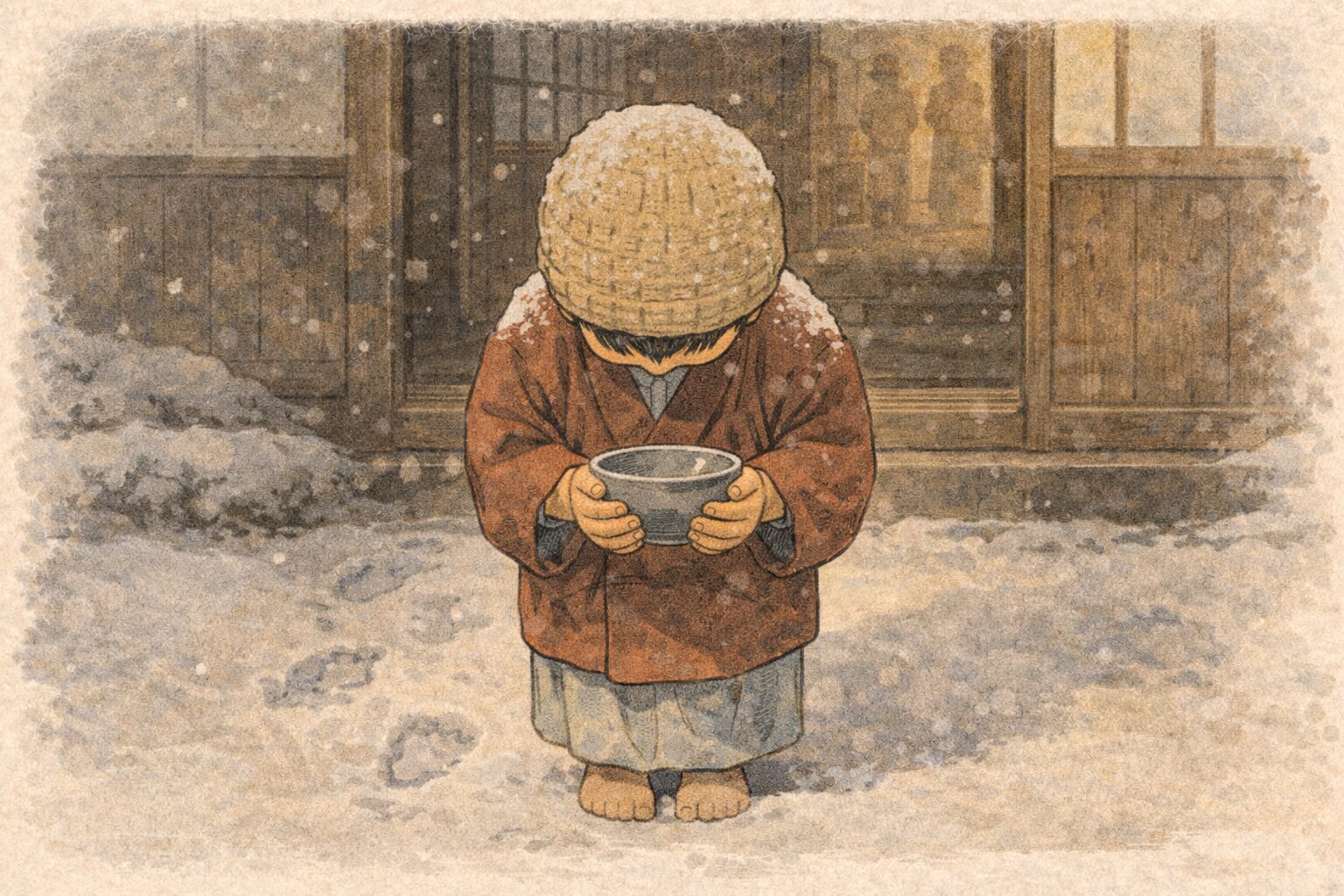 冬の商家の玄関先で幼い子どもが両手で器を抱えて頭を下げる一場面