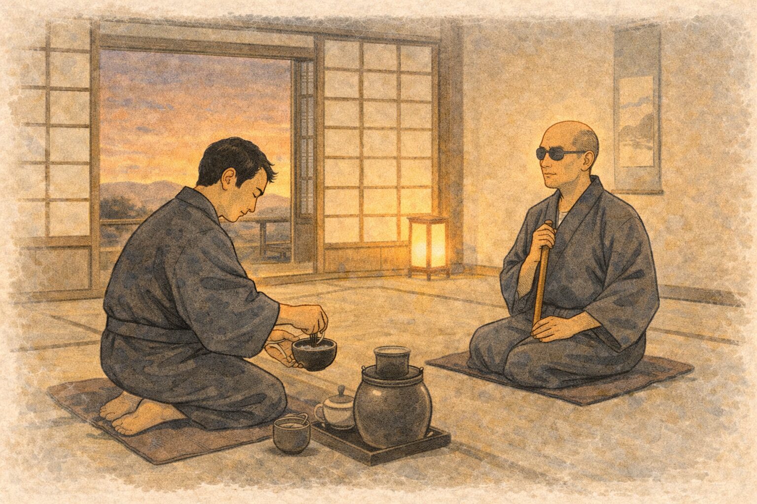 夕方の座敷で商家の主人が茶を点て盲目の男が静かに向き直る一場面