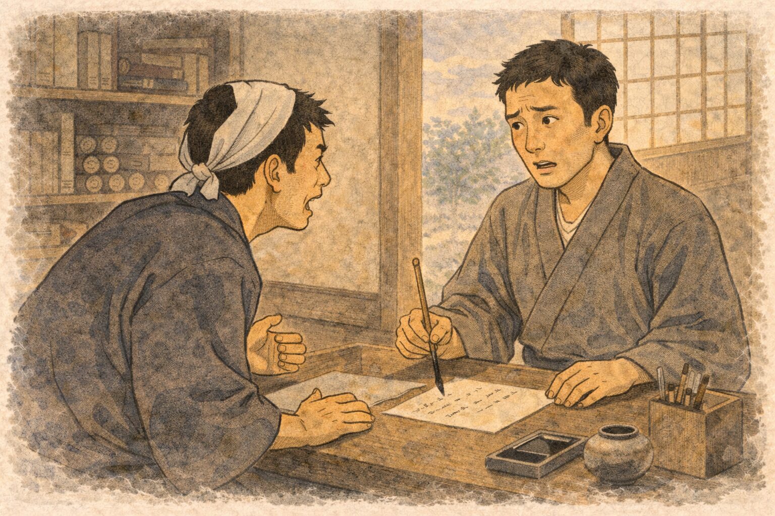 昼の代書屋の机の前で男が身を乗り出し代書人が筆を止める一場面