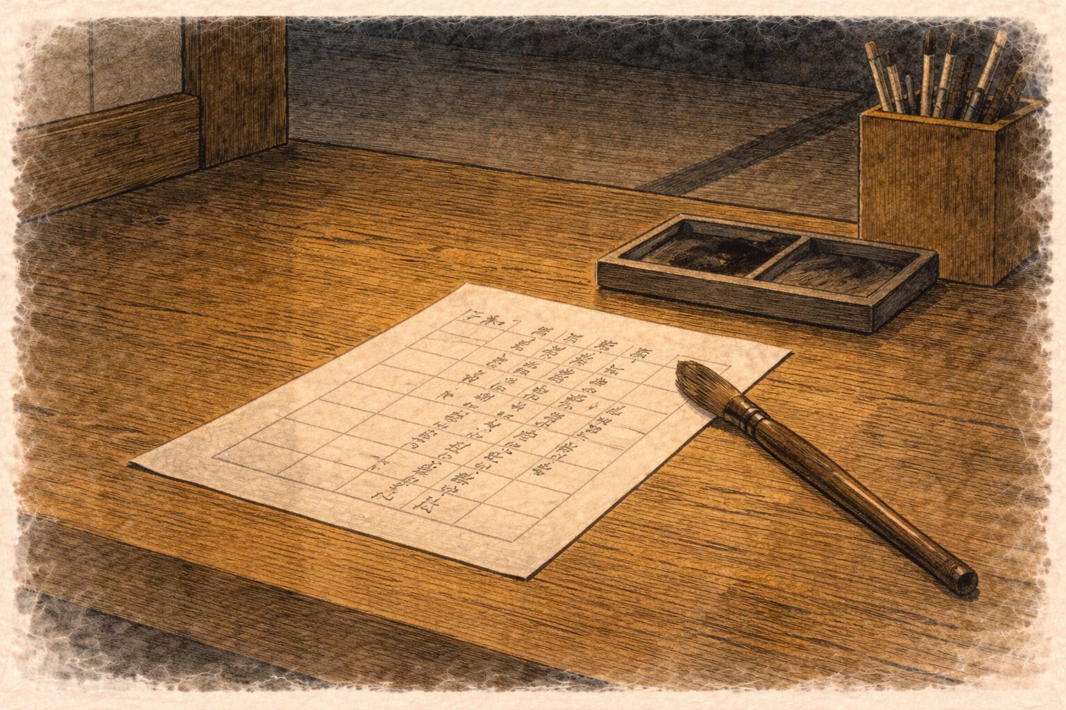 夜の机の上に筆と履歴書用紙だけが残る静かな一場面
