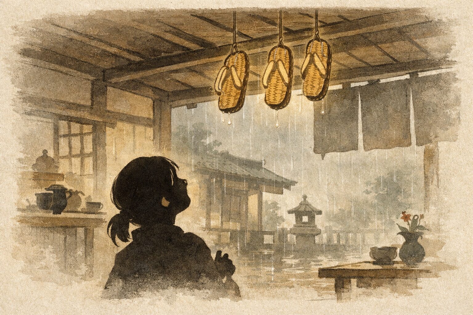 雨の門前茶屋で娘が天井から下がる草履を見上げる一場面