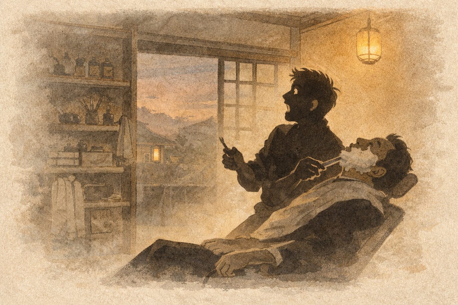 夕方の床屋で主人が客の髭を剃りながら驚いて身をのけぞらせる一場面