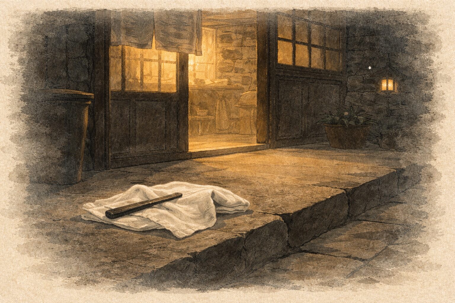 夜の床屋の前に剃刀と白い布だけが残る静かな一場面