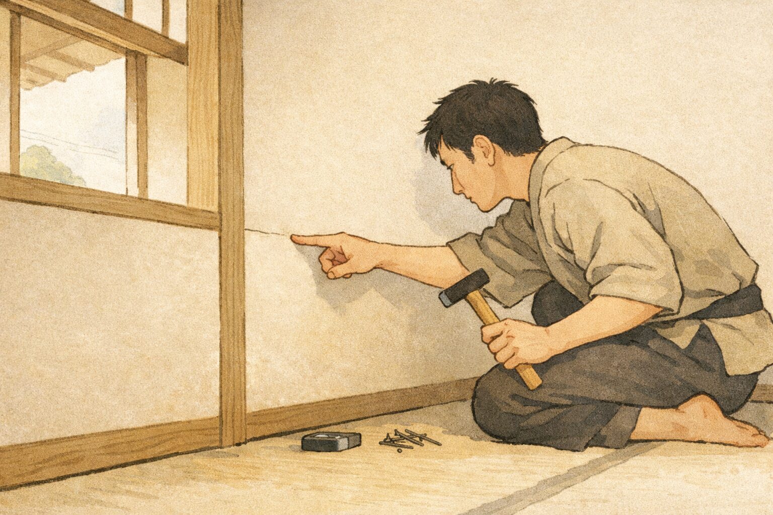 昼の長屋の新しい部屋で男が壁際にしゃがみ込み釘を打つ場所を指で測っている一場面