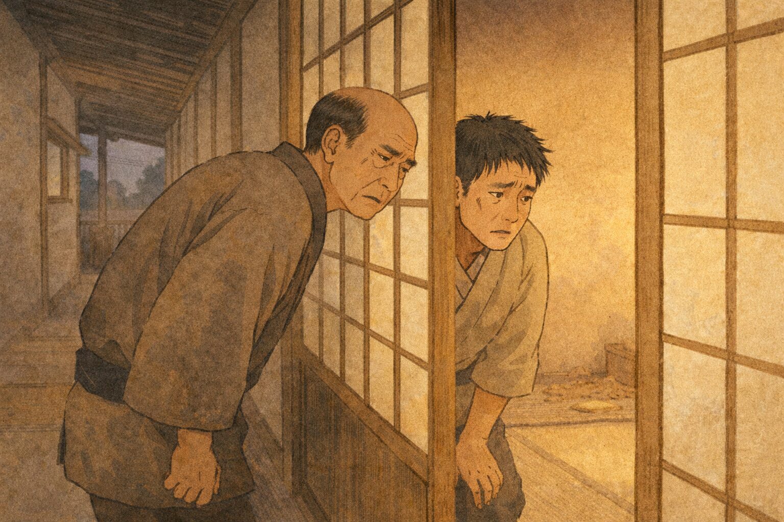 夕方の長屋の廊下で大家と住人が半開きの障子越しに部屋の中をのぞき込み困った顔をしている一場面