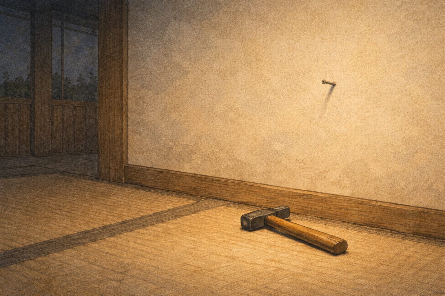 夜の静かな長屋の壁際に打ちかけの釘と小さな金槌だけが残された一場面