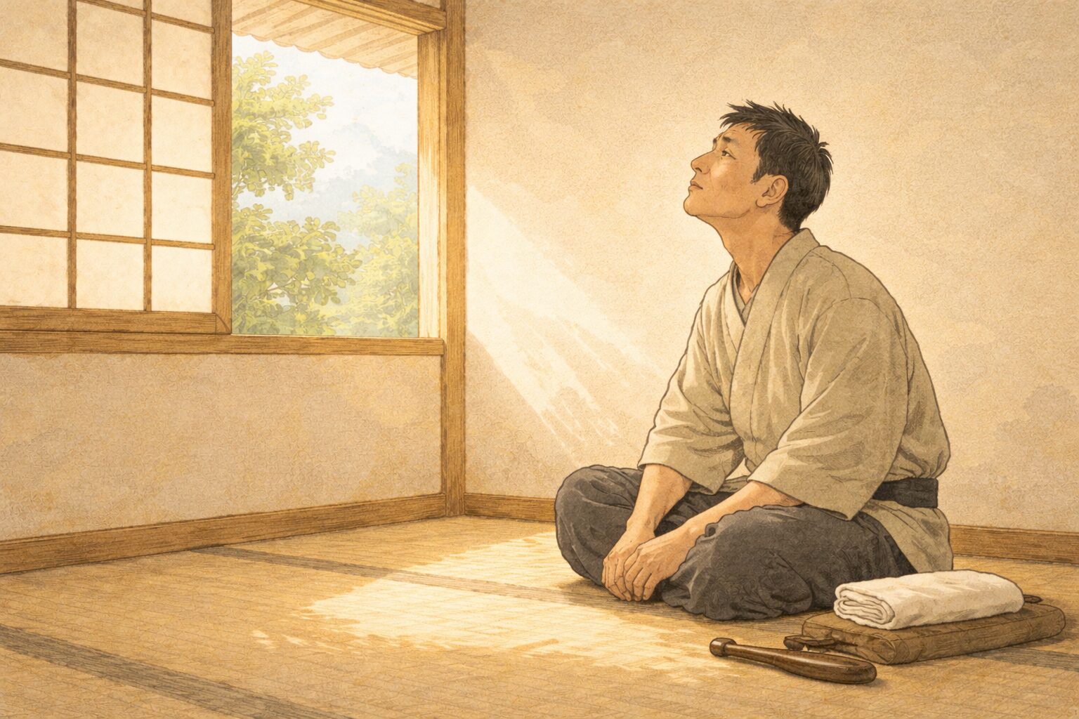 昼の長屋の一室で按摩の男が座り込み静かに顔を上げて光の気配を感じている一場面