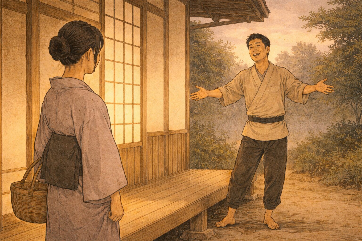 夕方の長屋の縁側で女が少し離れて立ち見えるようになった男が得意げに身振りをしている一場面