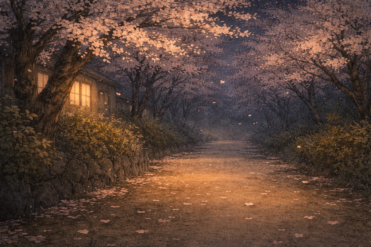 夜桜の下に誰もいない道がのび淡い花びらだけが静かに舞っている一場面