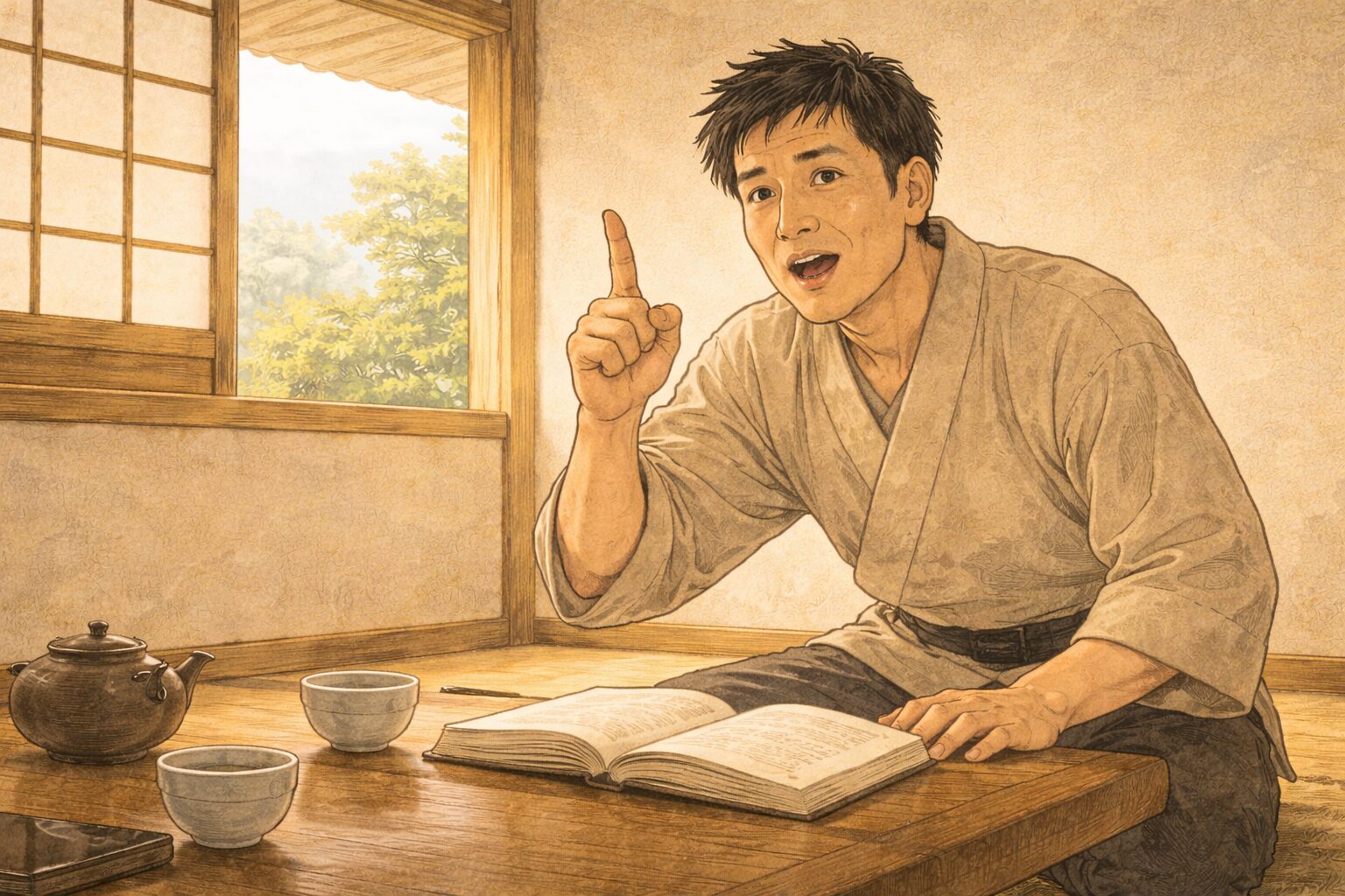 昼の町家の座敷で若い男が身を乗り出し指を立てながら熱心に宗派の話をしている一場面