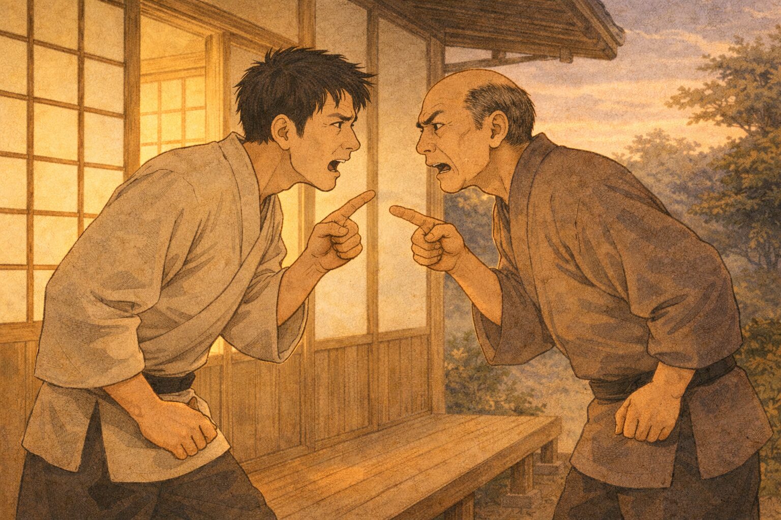 夕方の町家の縁側で二人の男が少し距離を詰め互いに譲らず言い合っている一場面
