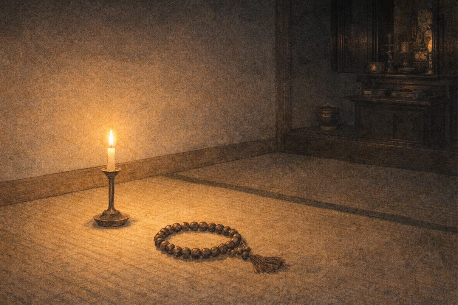 夜の静かな仏間に灯明と数珠だけが残り言い争いの熱が去ったあとの余韻が漂う一場面