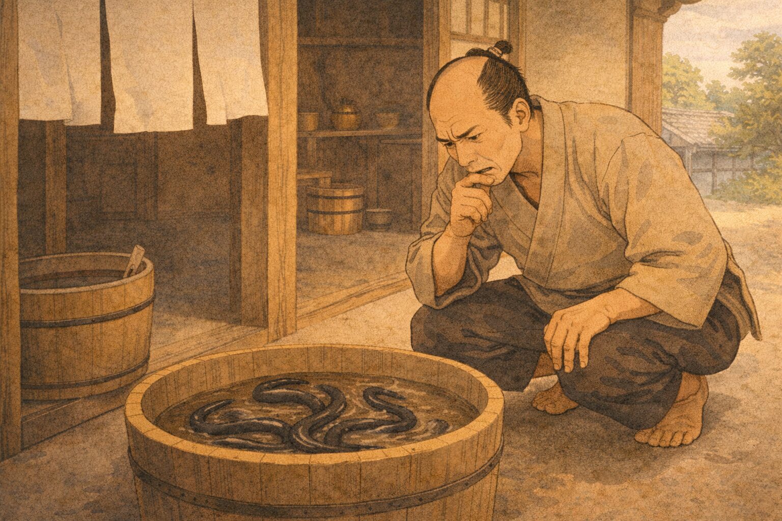 昼の店先で元武士の主人がたらいの鰻を前にしゃがみ込み扱い方を思案している一場面