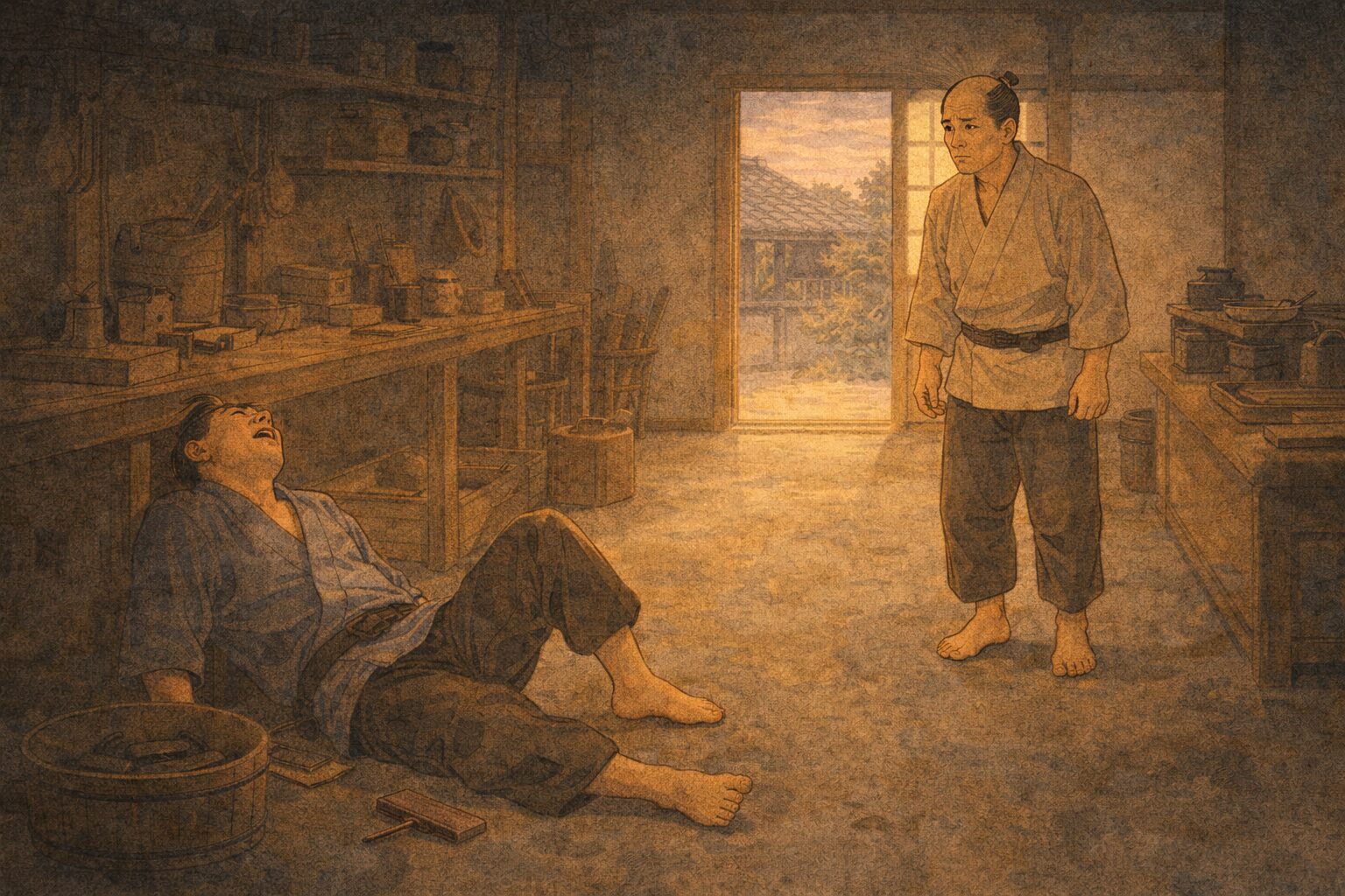 夕方の店の奥で職人がだらしなく崩れ主人が困った顔で立ち尽くしている一場面