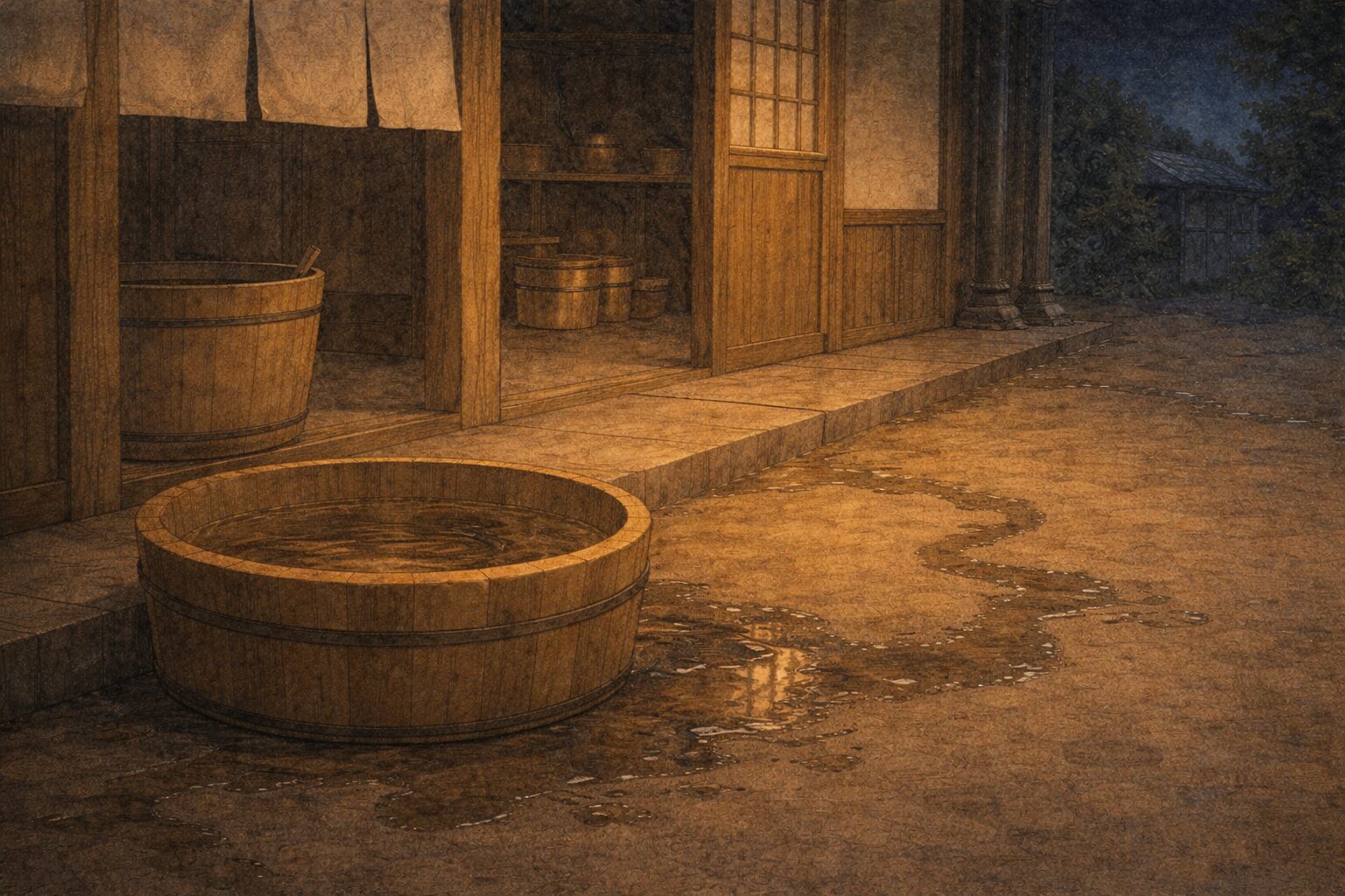 夜の静かな店先に空のたらいと逃げた鰻の水跡だけが残る一場面