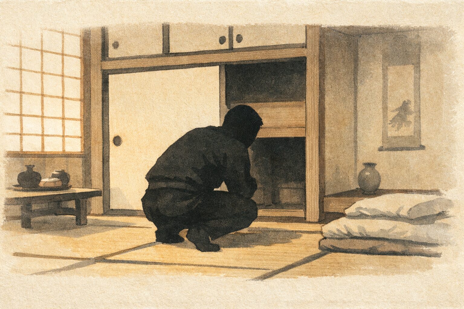 昼の商家の座敷で男が押し入れの前にしゃがみ込み様子をうかがっている一場面