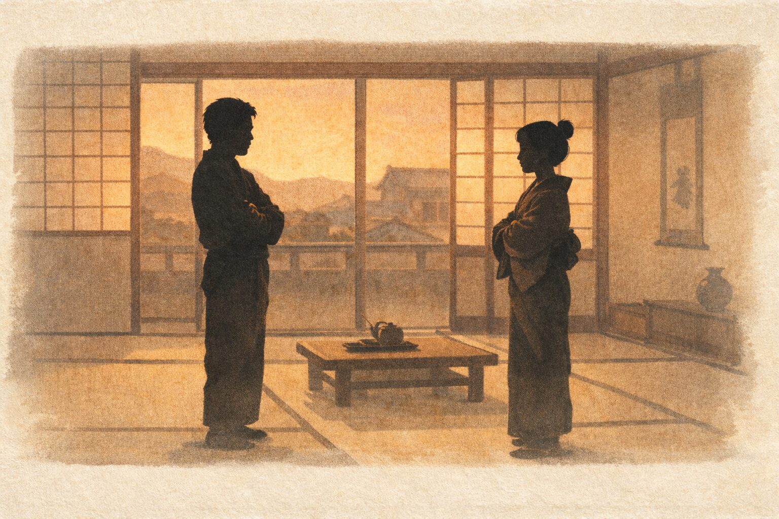 夕方の商家の居間で主人と女房が距離を置いて向かい合い気まずくにらみ合っている一場面