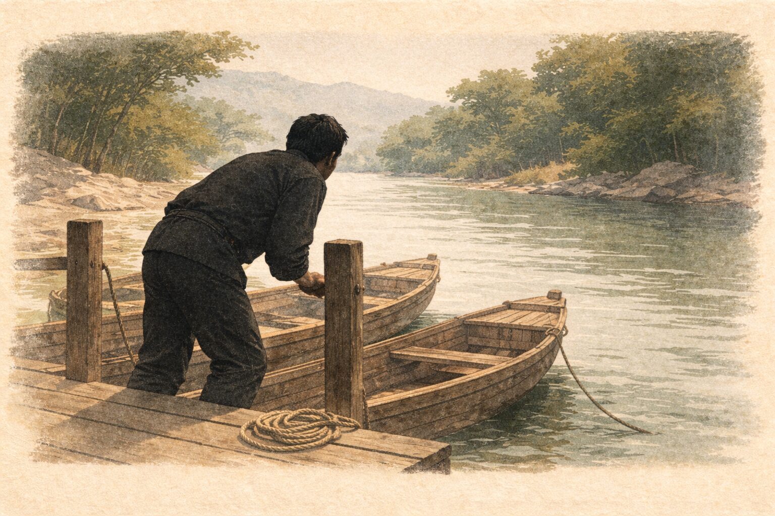 昼の川辺の舟着き場で男が身を乗り出して川の先をうかがっている一場面