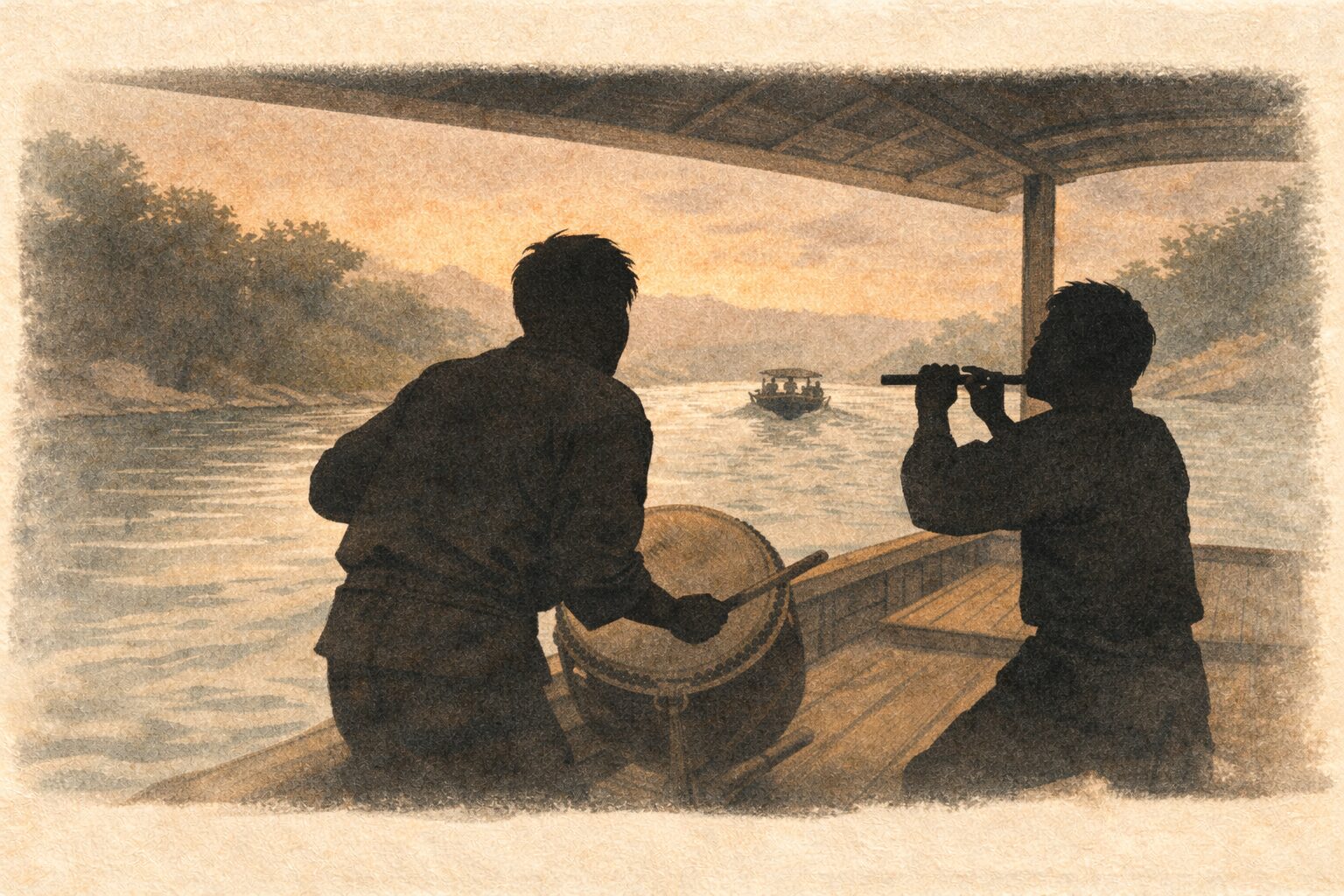 夕方の屋根舟で二人の男が太鼓と笛を手にして騒ぎながら前の舟を追っている一場面
