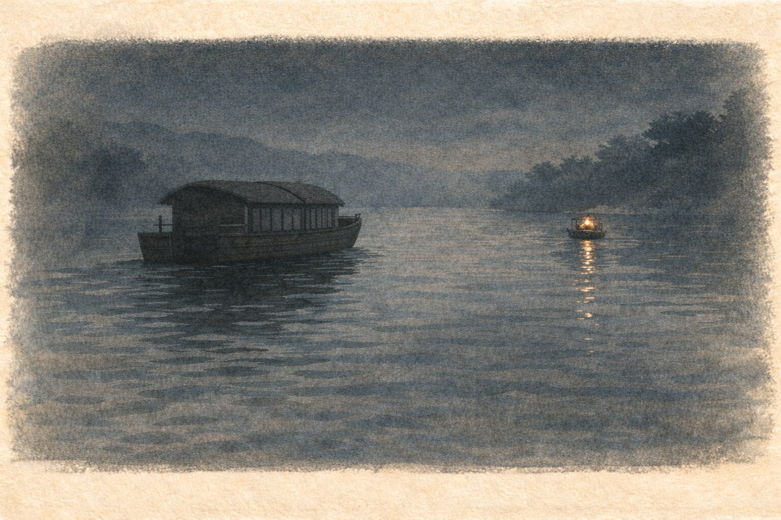 夜の川面を大きな肥舟が静かに横切り前の舟の明かりが小さく揺れている一場面