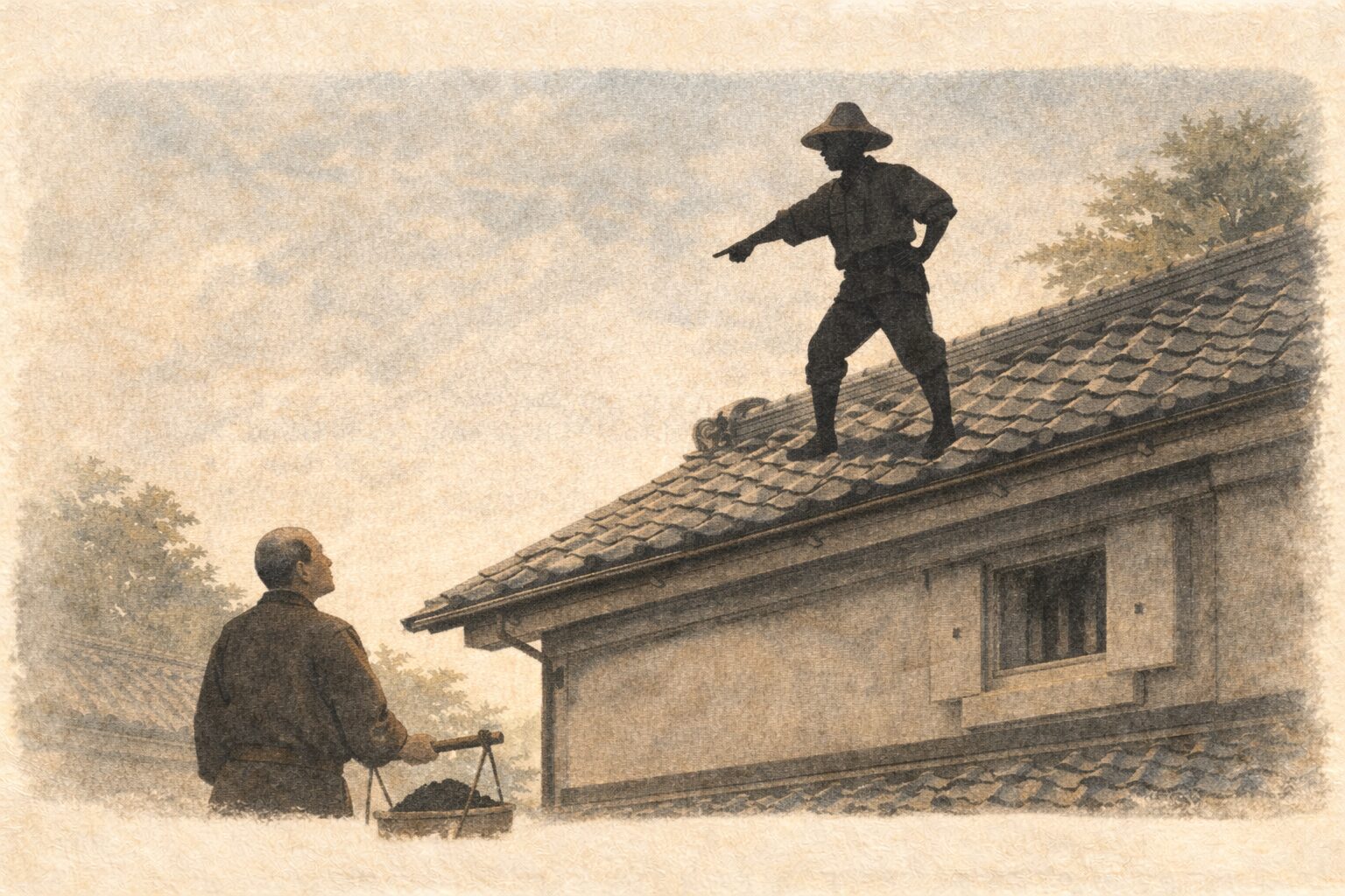 昼の質屋の蔵の屋根で若い火消しが身軽に立ち番頭へ目塗りの土を指示している一場面