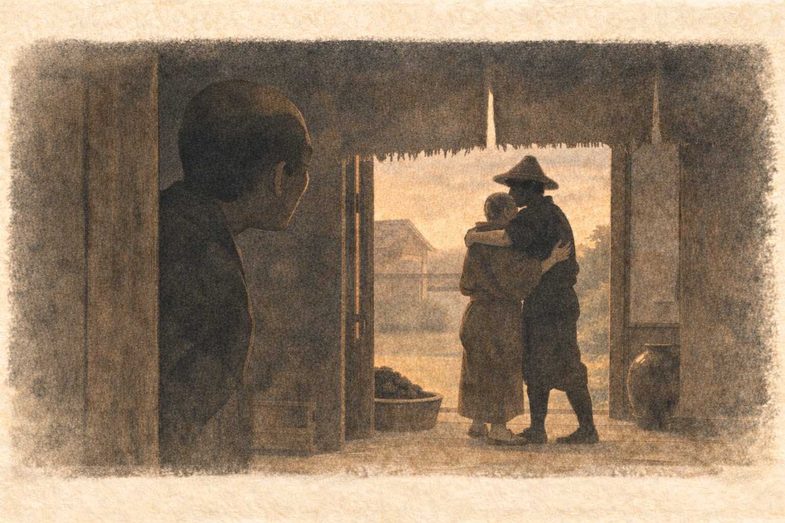 夕方の店先で番頭が暖簾の陰から奥をうかがい再会した親子の様子を気づかっている一場面