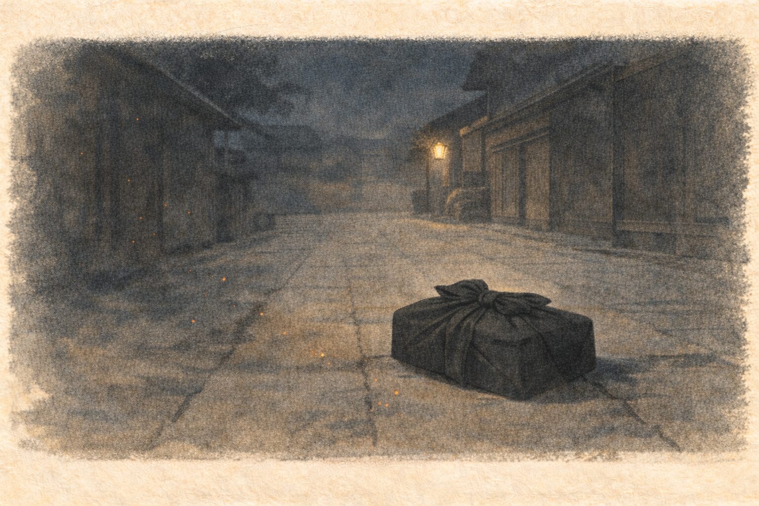 夜の静かな路地に火の粉がおさまり黒羽二重の着物包みだけがそっと置かれた一場面