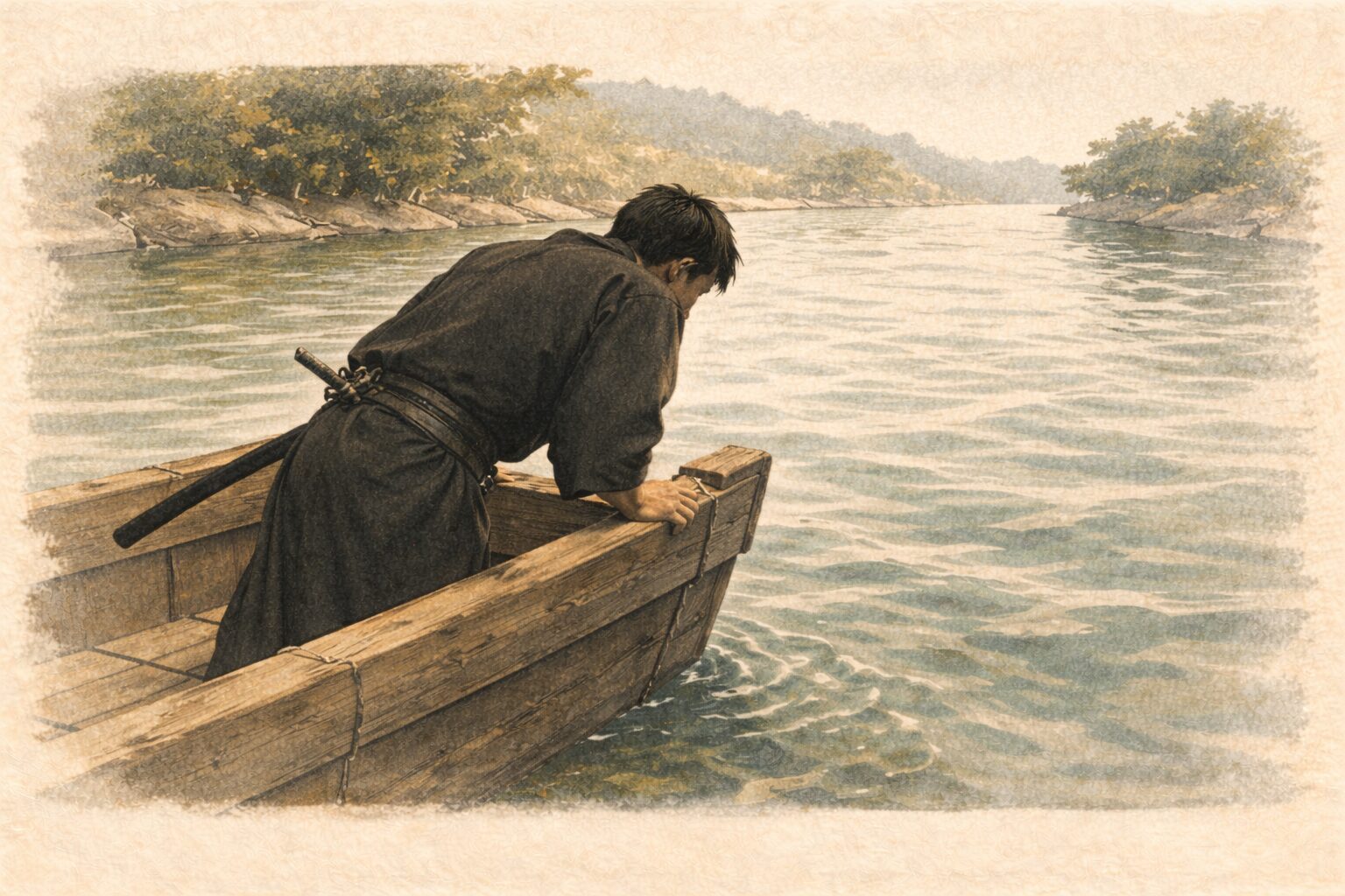 昼の渡し舟のへりで若侍が身を乗り出し川面をのぞき込んでいる一場面