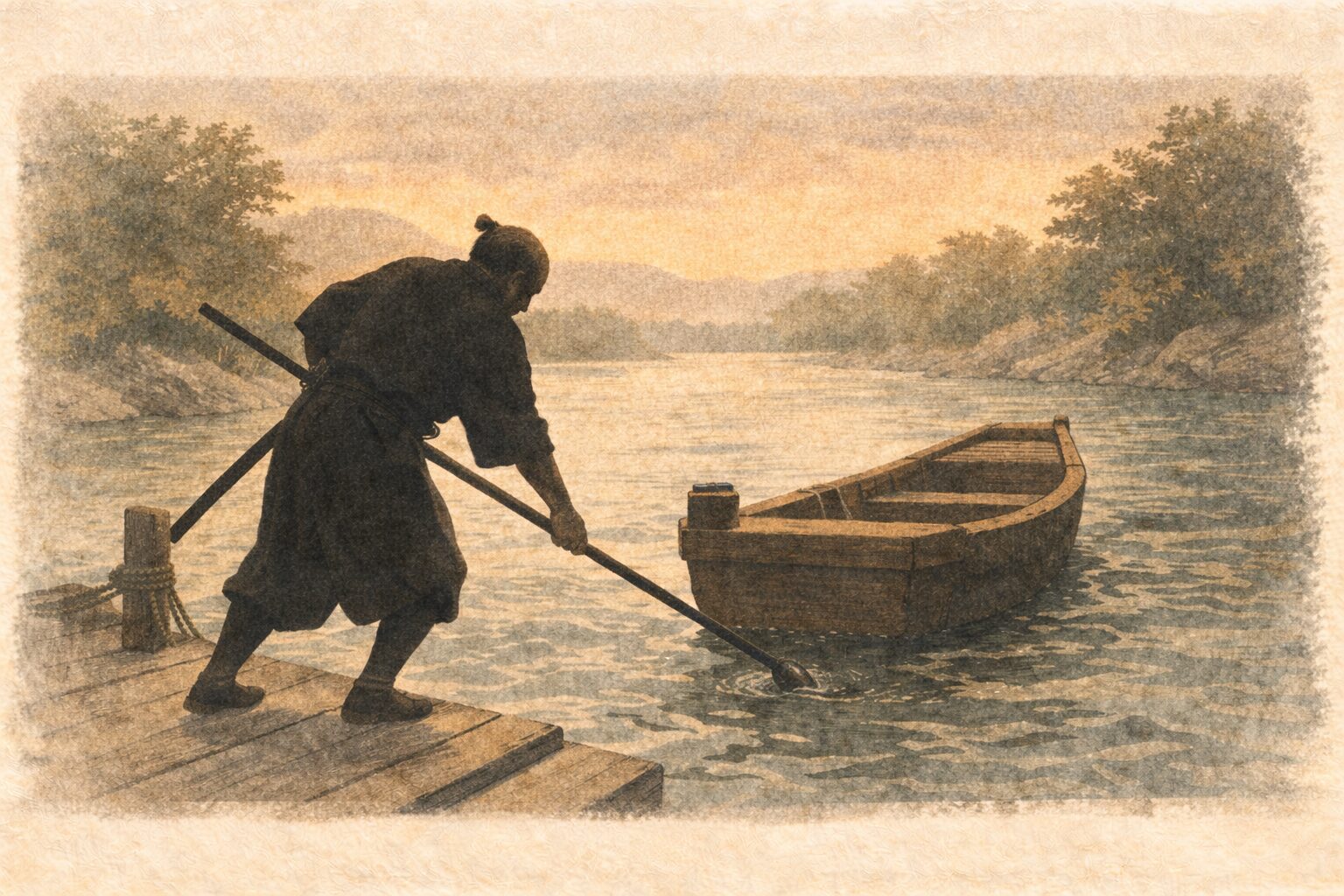夕方の岸辺で老武士が槍の石突きを桟橋へ当て舟を押し戻している一場面