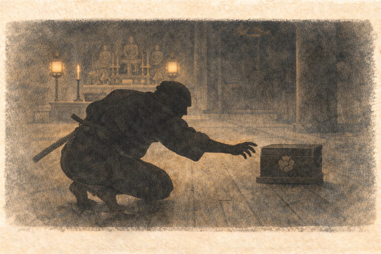 昼の善光寺の本堂の奥を大泥棒が身を低くして御印の箱へ手を伸ばしている一場面