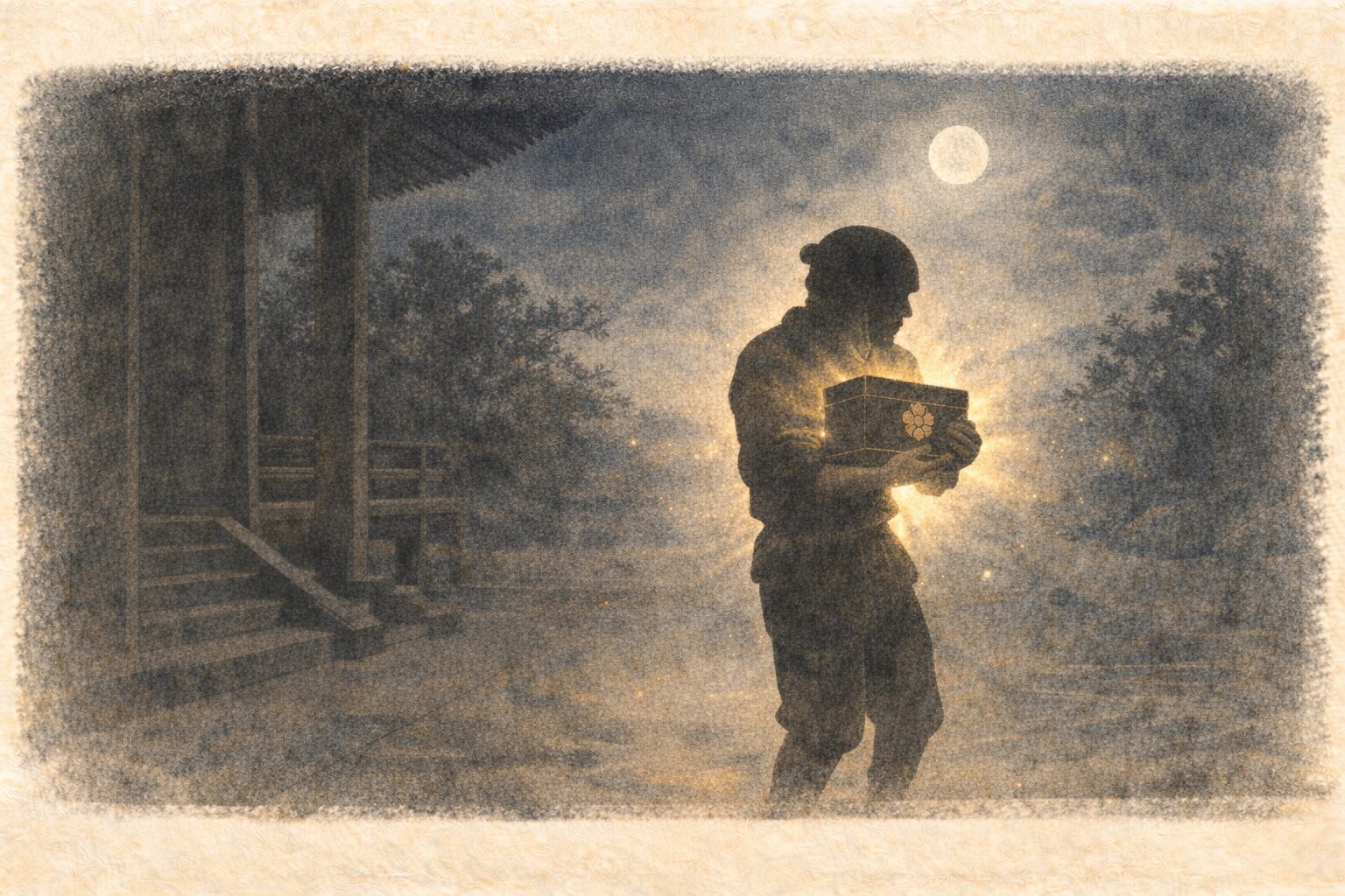 夜の本堂の外で盗み出した御印を抱えた泥棒の影が月明かりに止まり不思議な光に包まれる一場面