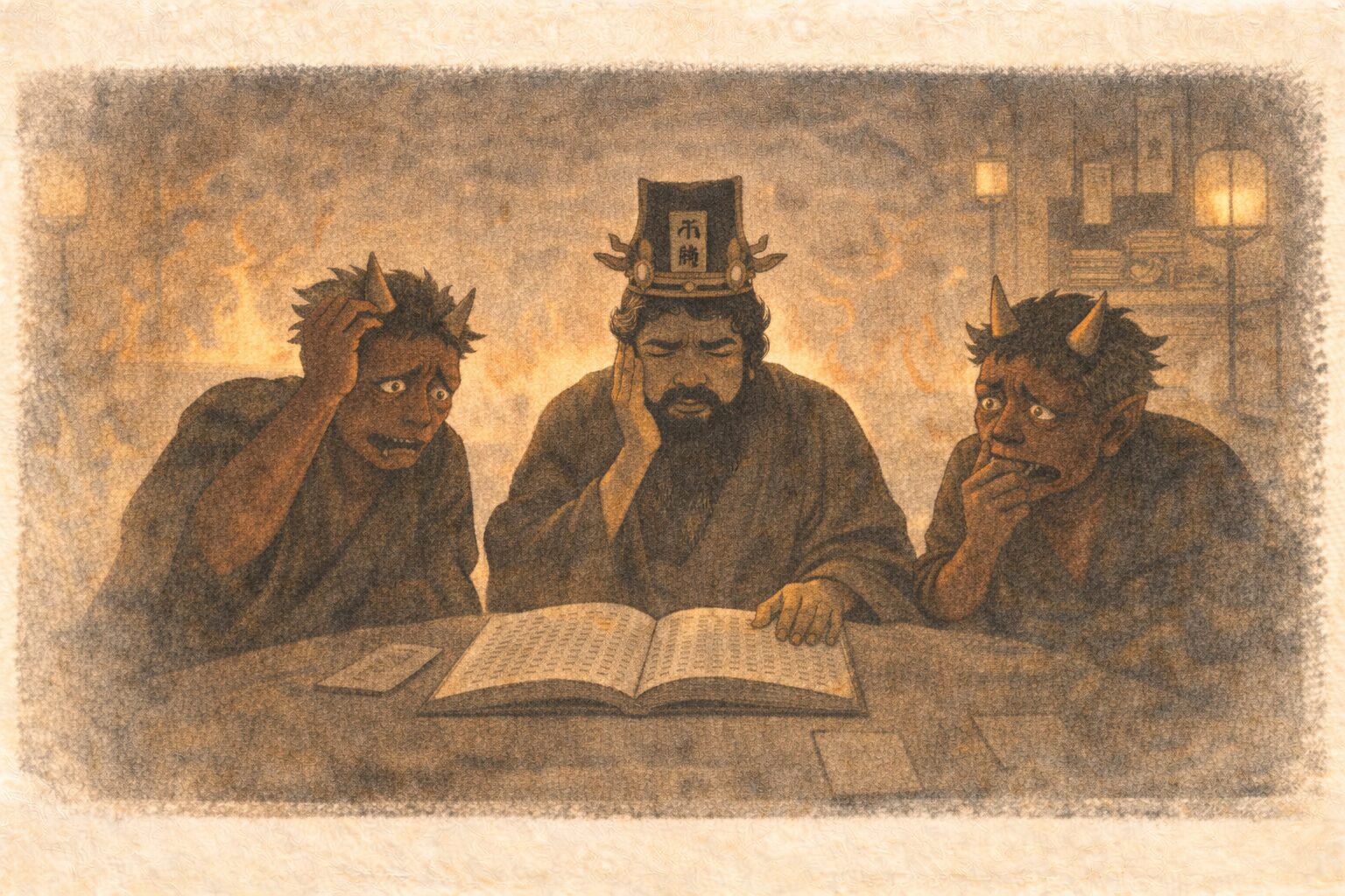 夕方の地獄の役所で閻魔大王と鬼たちが帳面を囲み困り顔で相談している一場面