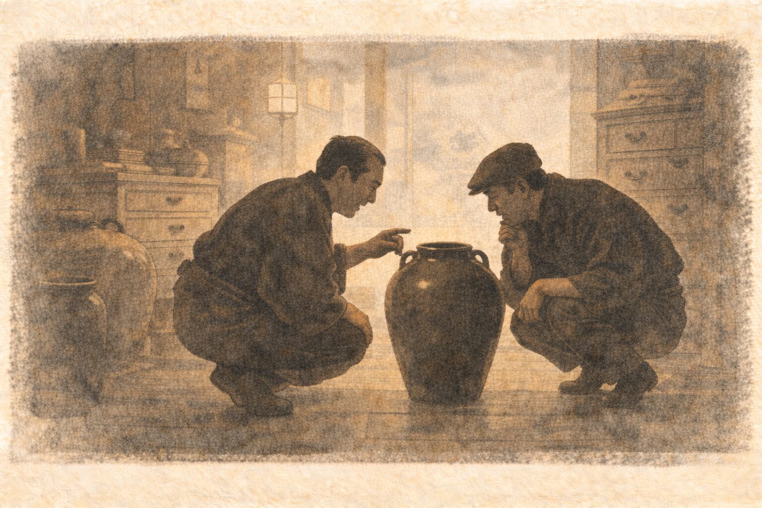 昼の古道具屋で二人の男が大きな壺を前にしゃがみ込み品定めをしている一場面