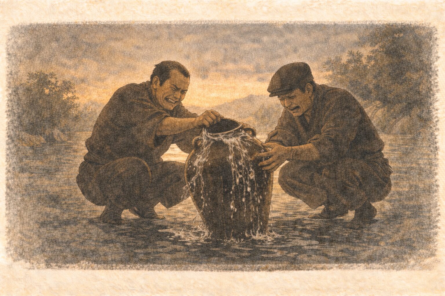 夕方の川辺で二人の男が壺を洗いながら顔をしかめ水を何度もかけている一場面