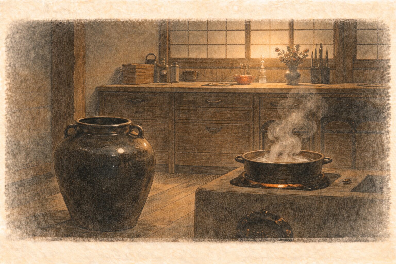 夜の新しい台所に水の入った大きな壺と湯気の立つ鍋だけが残る一場面