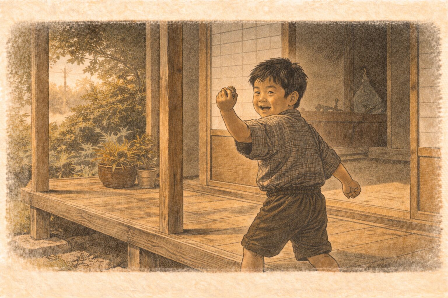 昼の町家の縁側で子どもが小銭を握りしめ得意げにふり返る一場面