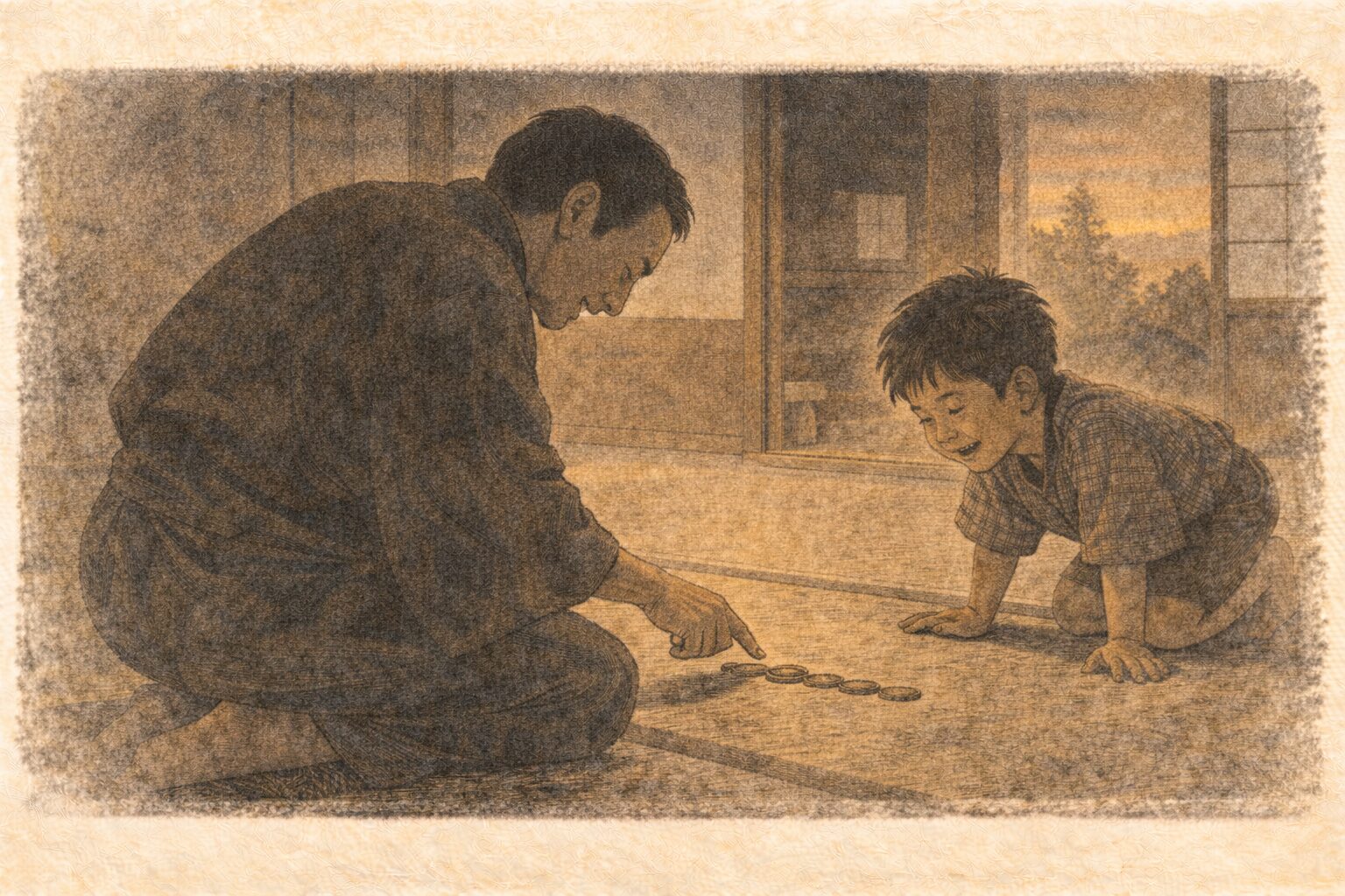 夕方の座敷で父親が畳の上に六枚の銭を並べ子どもが身を乗り出して見ている一場面