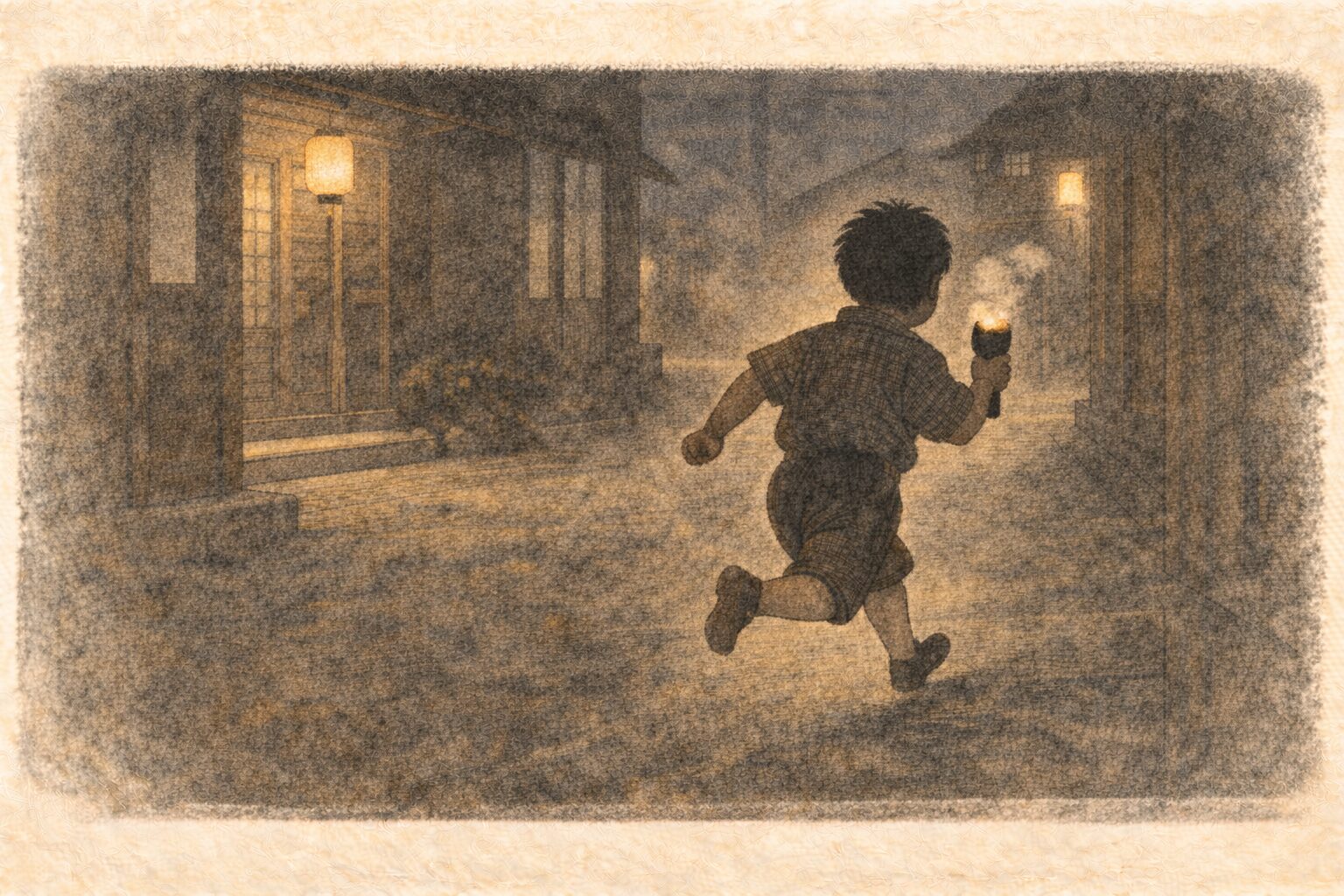 夜の町角で子どもが焼き芋を片手に小走りで去っていく一場面