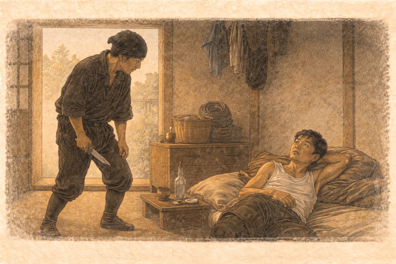 昼の貧乏長屋の一室で泥棒が短刀を手に立ち尽くし寝転ぶ男が気だるく見上げている一場面