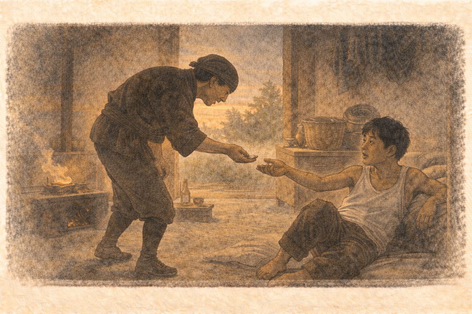 夕方の長屋の土間で泥棒が小銭を差し出し男が半身を起こして受け取ろうとしている一場面