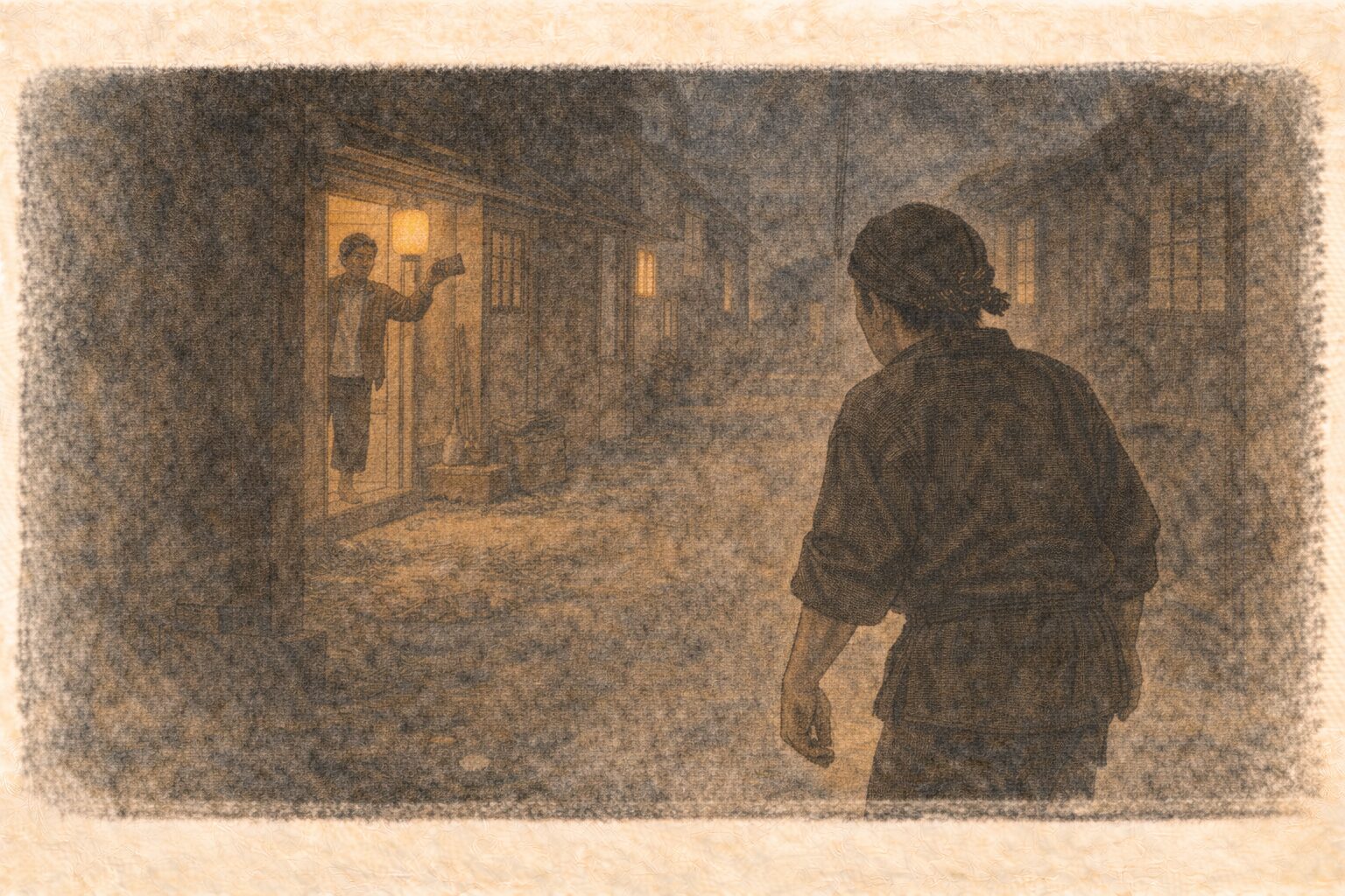 夜の路地の奥で泥棒が振り返り長屋の戸口から男が煙草入れを掲げて呼びかけている一場面