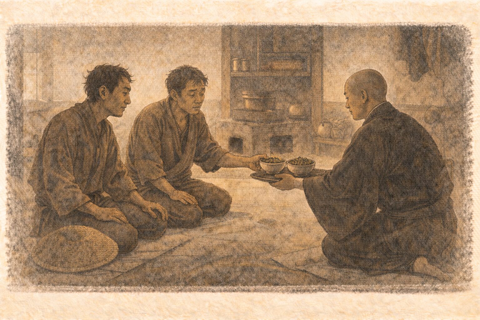 昼の寺の庫裏でやせた旅人二人が坊主の前に座り食べ物を差し出されている一場面