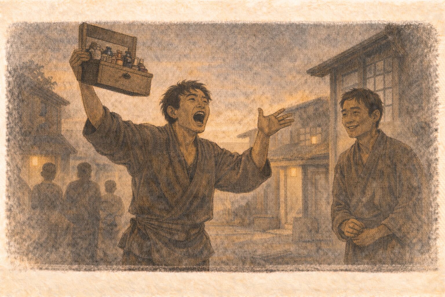 夕方の町角で男が薬箱を掲げ大げさな身振りで口上を語り相方が後ろでうなずいている一場面